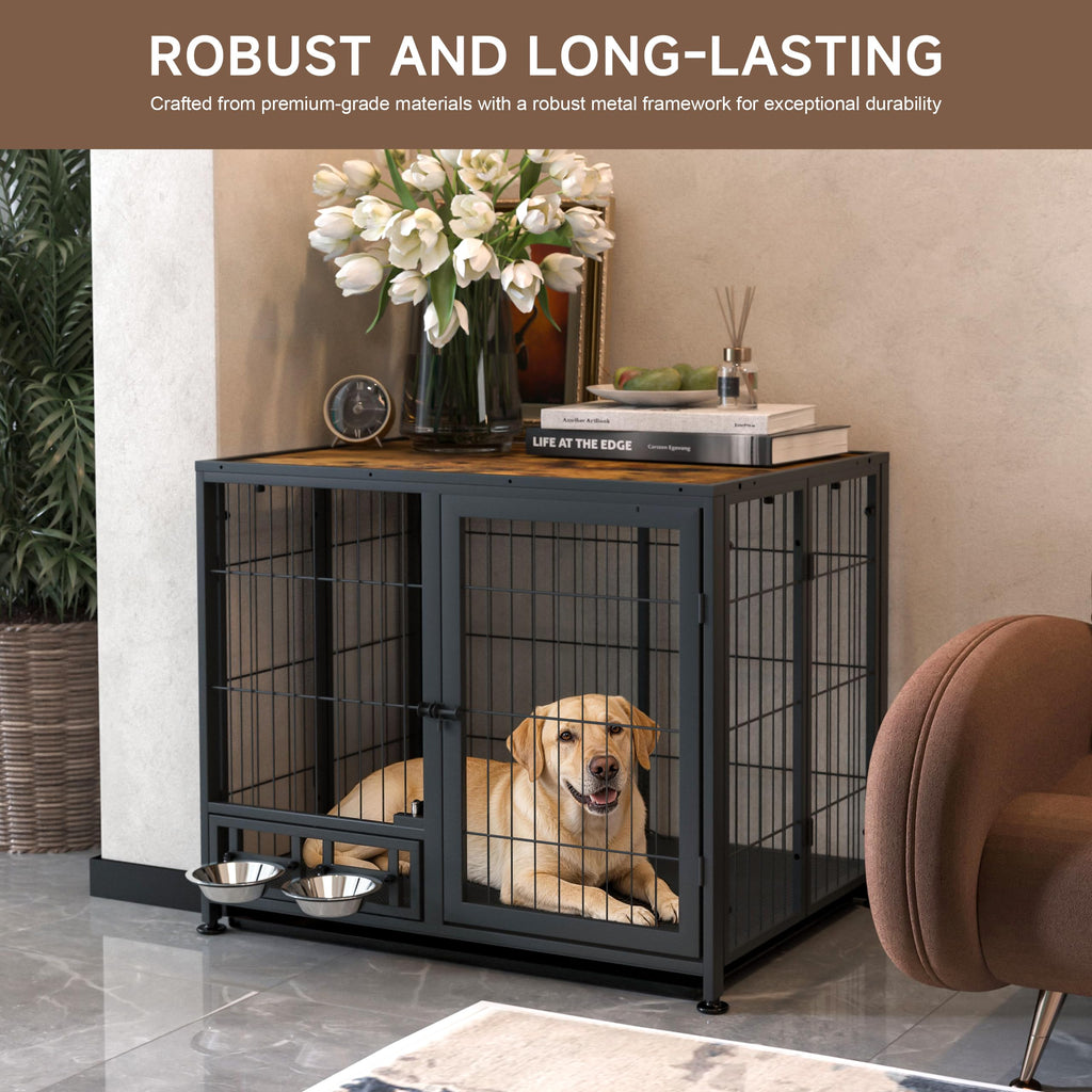 Heavy Duty Foldable Dog Crate with Wheels & Feeding Bowls H482