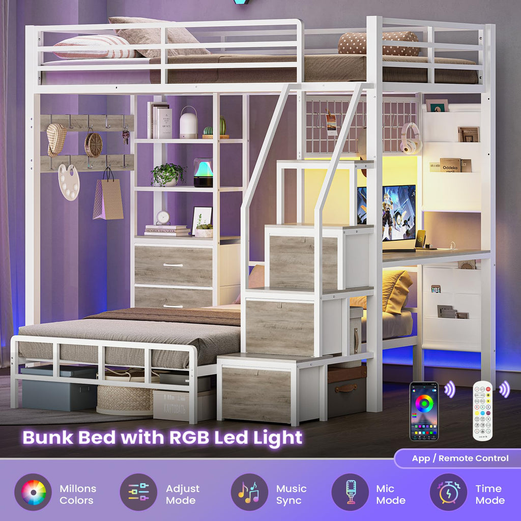 White Twin Over Twin Metal Bunk Bed with 6 Storage Drawers and Desk M774886