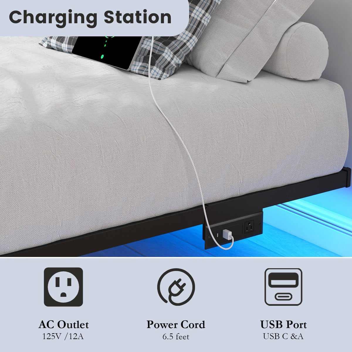 8 inch Floating Bed Frame Full with Charging Station D7831