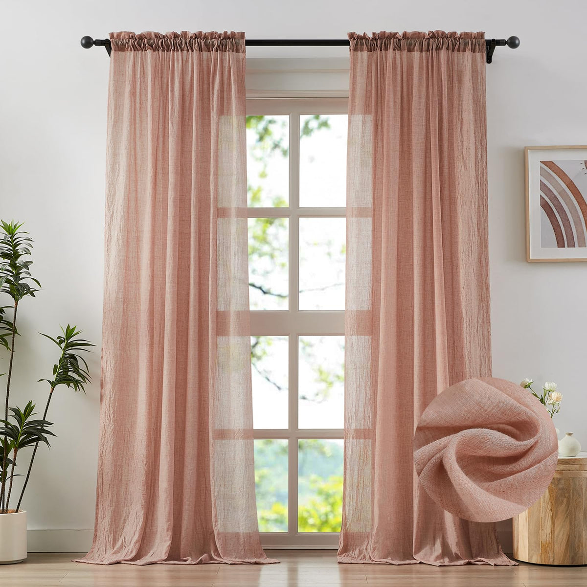 Blush Pink Sheer Cotton Linen Curtains 2 Panels P165