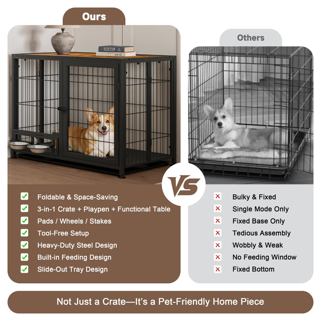 Heavy Duty Foldable Dog Crate with Wheels & Feeding Bowls H482