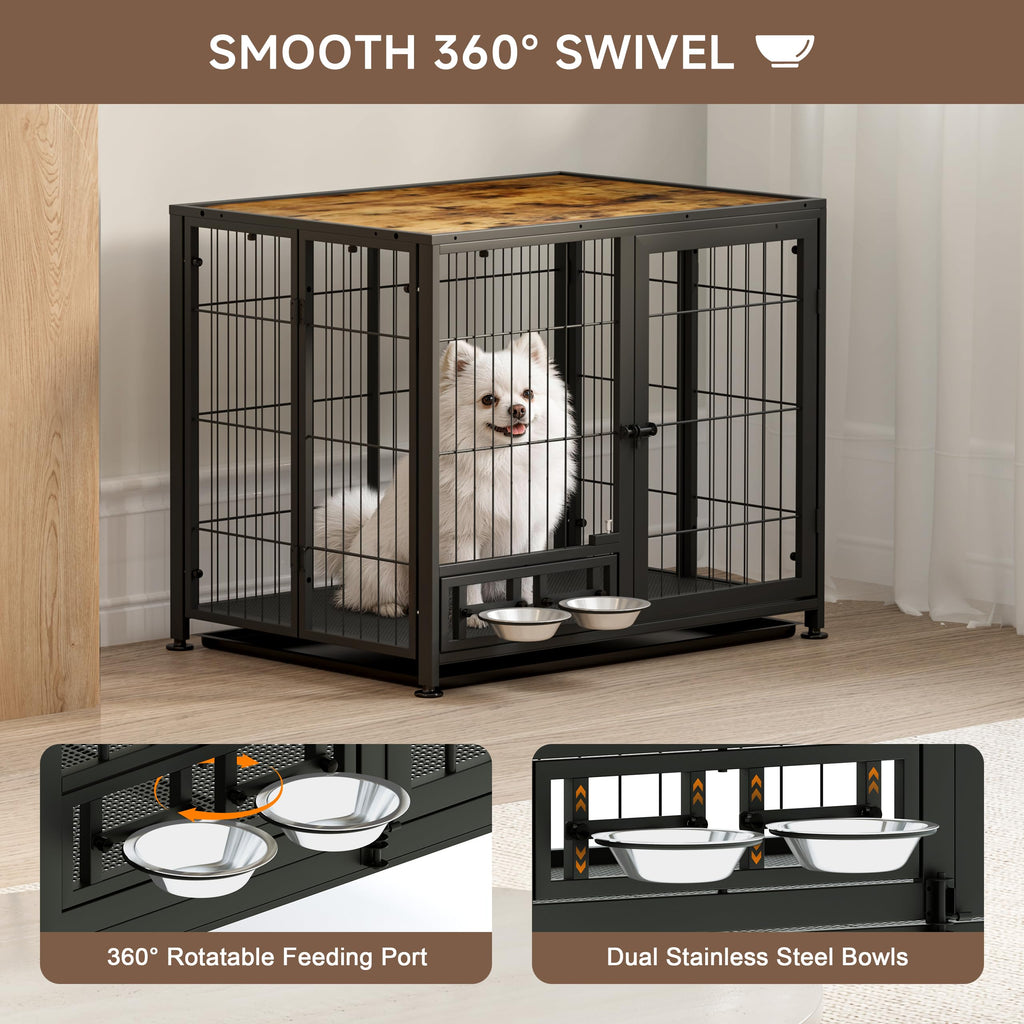 Heavy Duty Foldable Dog Crate with Wheels & Feeding Bowls H482