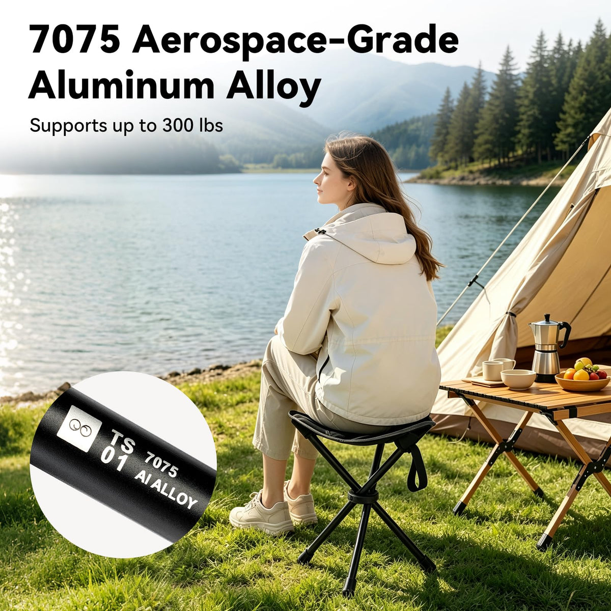18"×14.5" Aluminum Alloy Folding Camping Stool, Black C663154