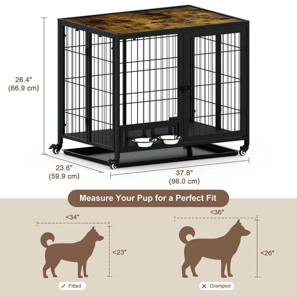 Heavy Duty Foldable Dog Crate with Wheels & Feeding Bowls H482