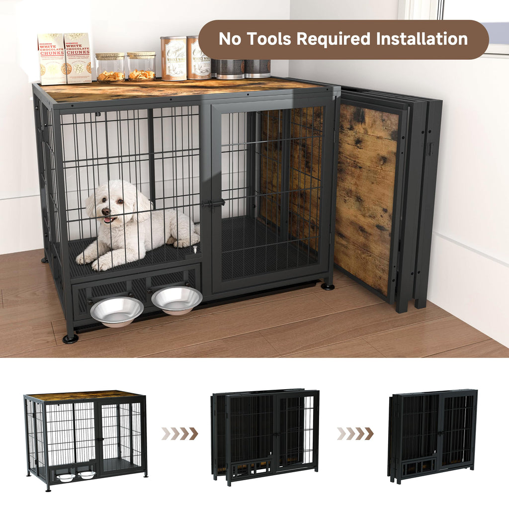 Heavy Duty Foldable Dog Crate with Wheels & Feeding Bowls H482
