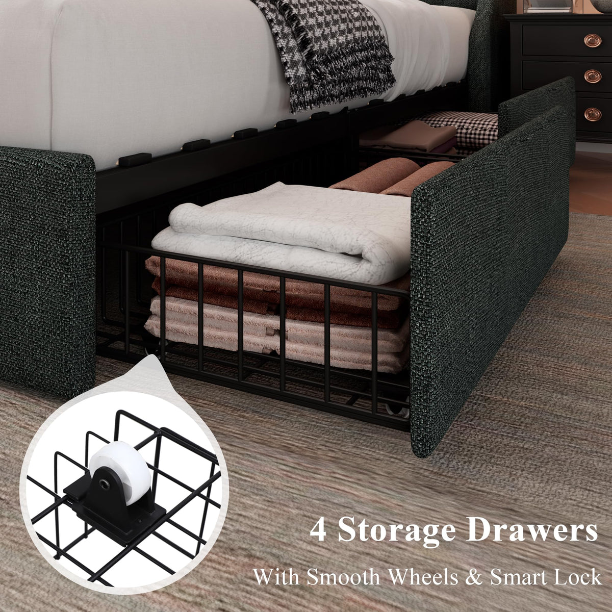 Queen Bed Frame with 4 Storage Drawers Upholstered Dark Grey X258
