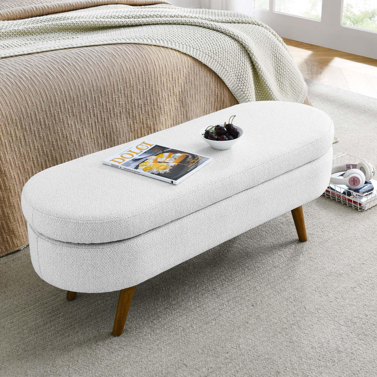 White Oval Storage Ottoman Bench with Rubber Wood Legs Y994