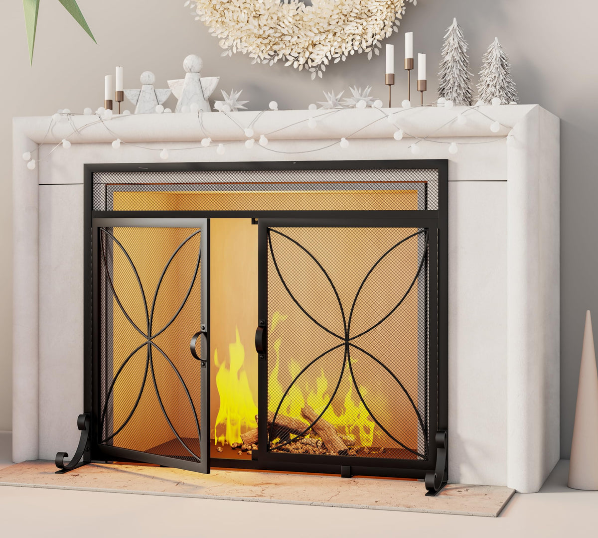 Magnetic Double Door Black Wrought Iron Fireplace Screen Q986