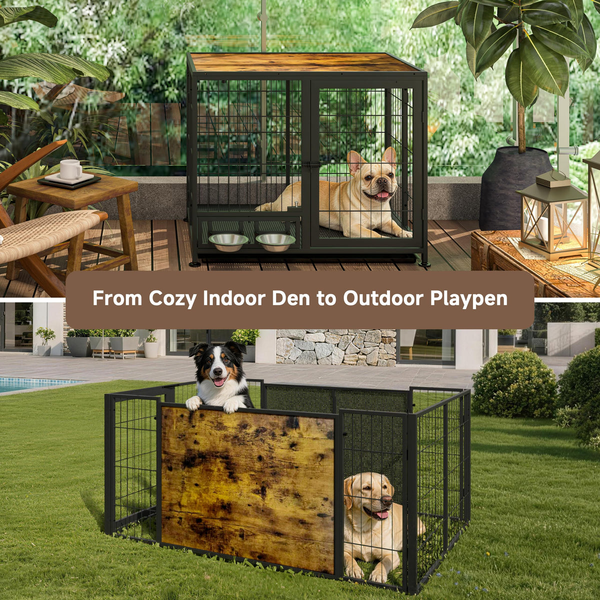 Heavy Duty Foldable Dog Crate with Wheels & Feeding Bowls H482