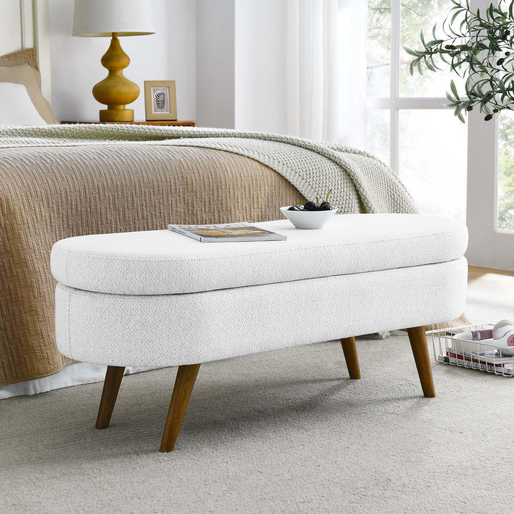White Oval Storage Ottoman Bench with Rubber Wood Legs Y994