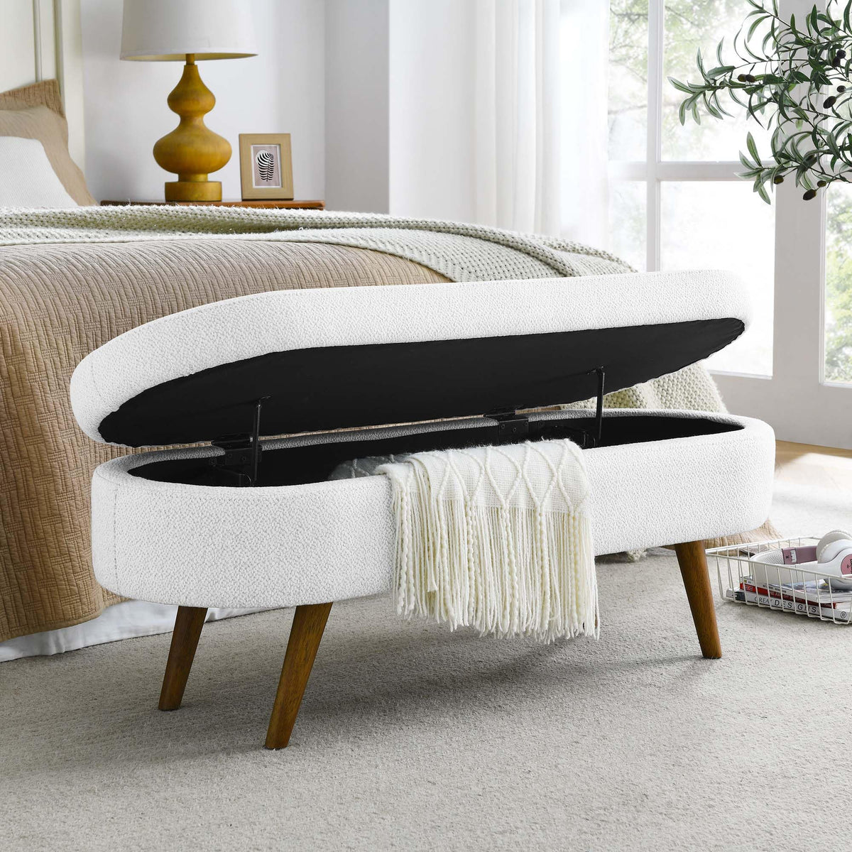 White Oval Storage Ottoman Bench with Rubber Wood Legs Y994