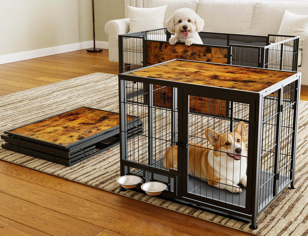 Heavy Duty Foldable Dog Crate with Wheels & Feeding Bowls H482