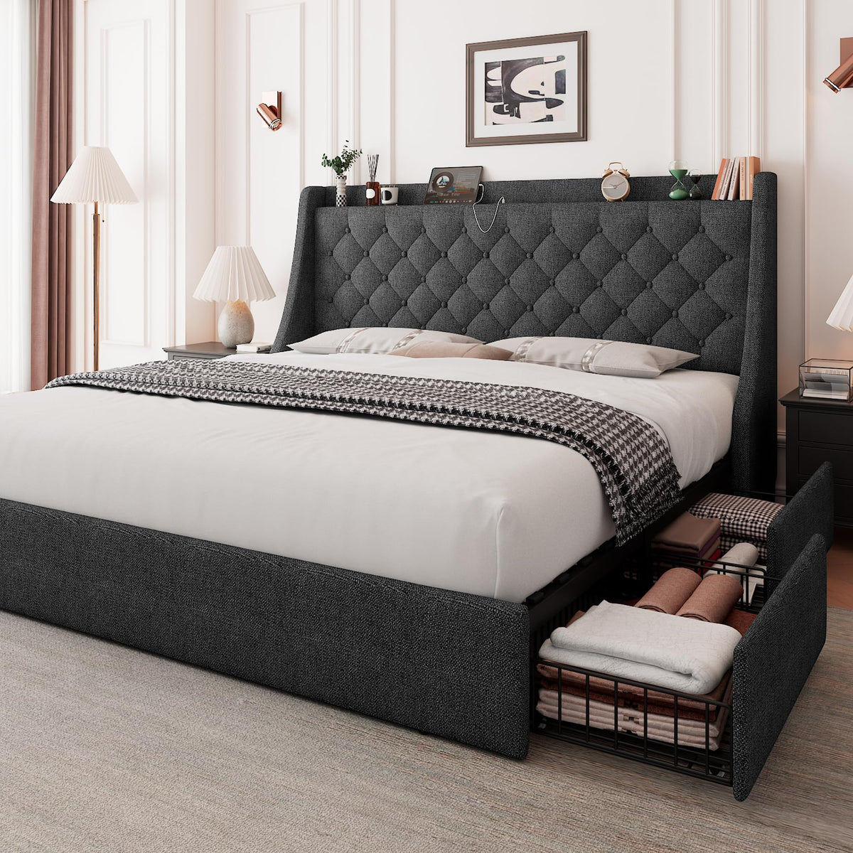 Queen Bed Frame with 4 Storage Drawers Upholstered Dark Grey X258