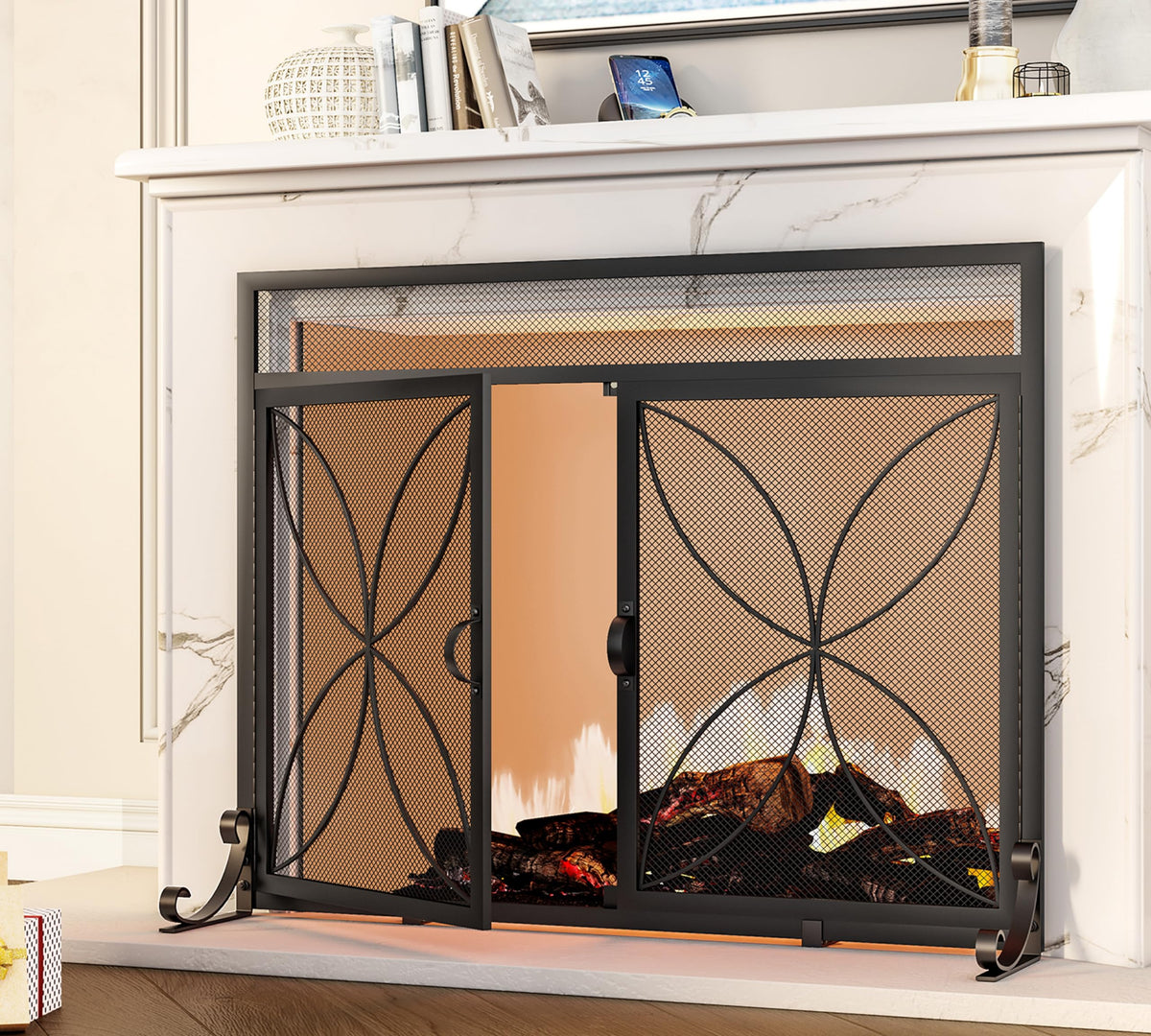 Magnetic Double Door Black Wrought Iron Fireplace Screen Q986